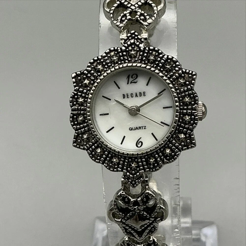 Decade 23785 Womens Dress Watch 23mm MOP Silver Tone Marcasite New Battery 7